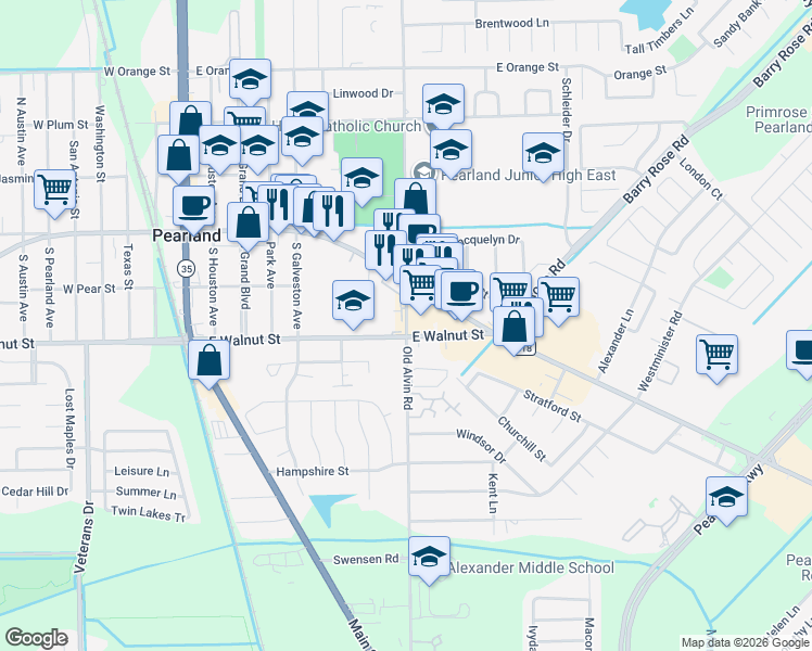 map of restaurants, bars, coffee shops, grocery stores, and more near 2660 Old Alvin Road in Pearland