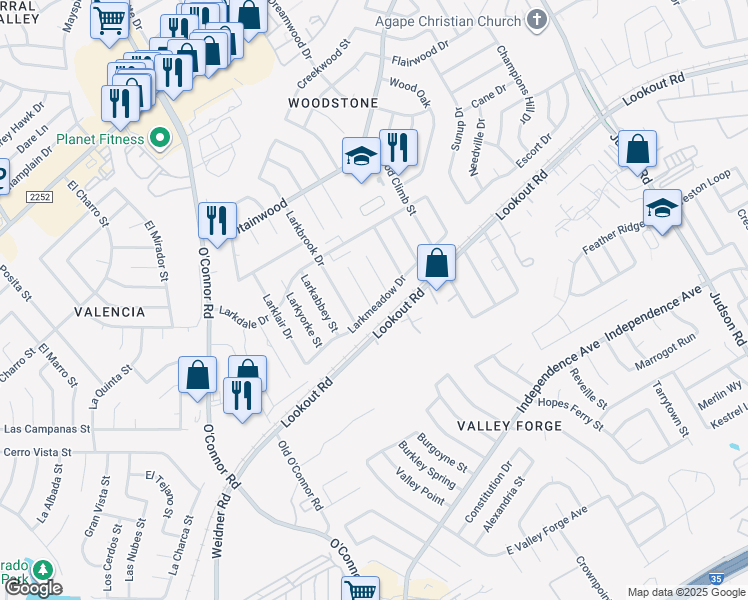 map of restaurants, bars, coffee shops, grocery stores, and more near 13211 Larkwalk Street in San Antonio
