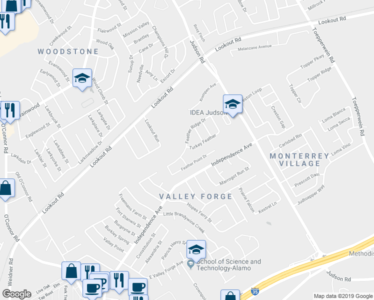 map of restaurants, bars, coffee shops, grocery stores, and more near 13102 Turkey Feather in San Antonio
