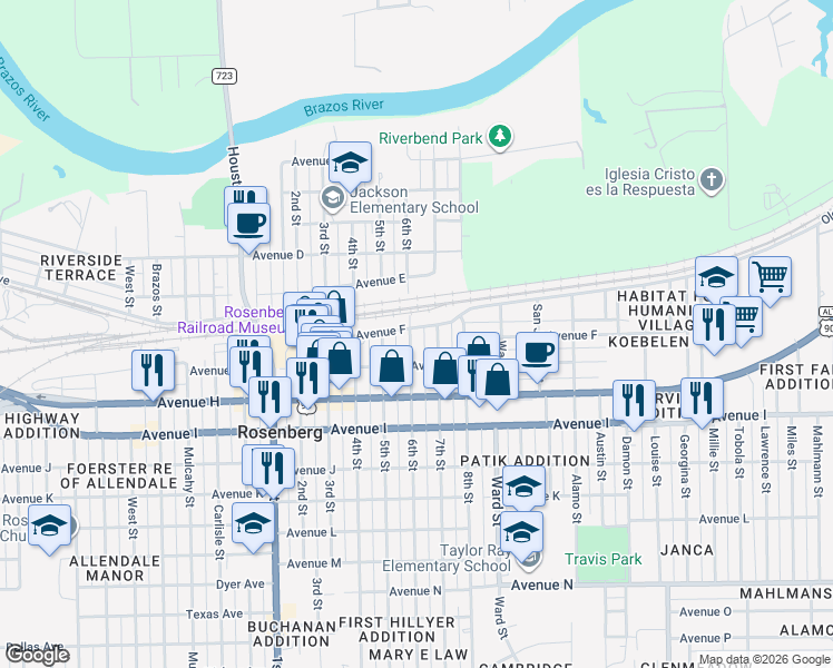 map of restaurants, bars, coffee shops, grocery stores, and more near 2302 Avenue F in Rosenberg