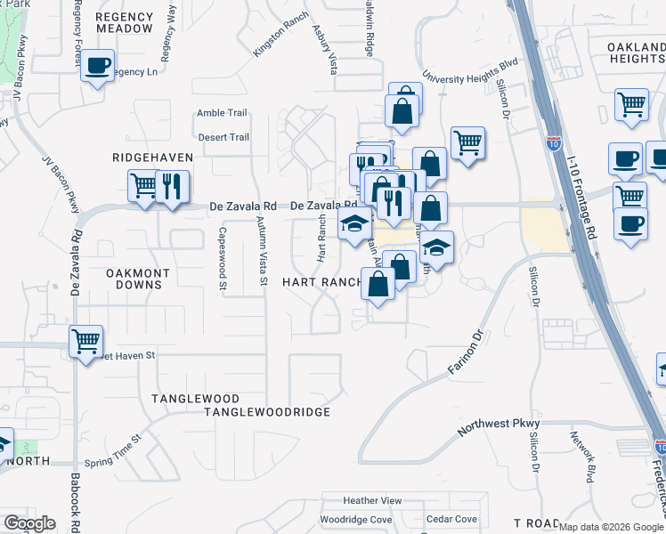 map of restaurants, bars, coffee shops, grocery stores, and more near 12323 Hart Crest in San Antonio