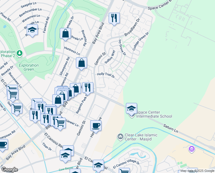 map of restaurants, bars, coffee shops, grocery stores, and more near 17277 Saturn Lane in Houston