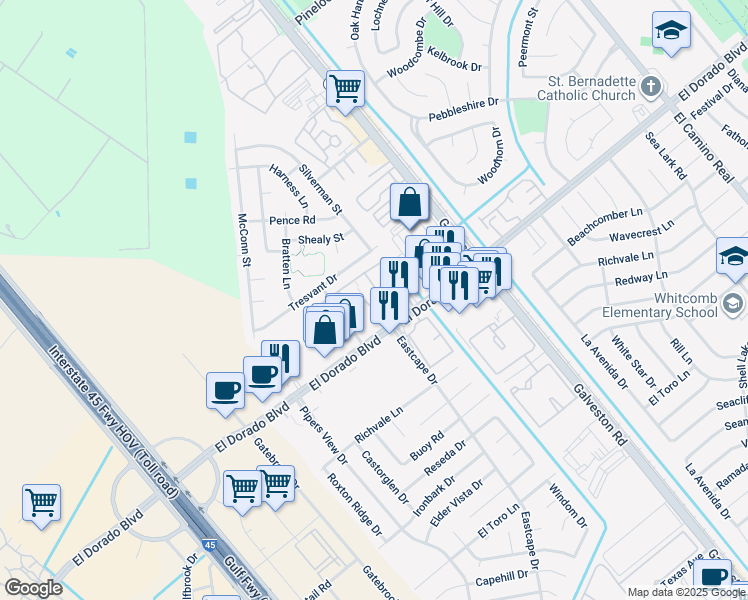 map of restaurants, bars, coffee shops, grocery stores, and more near 503 El Dorado Boulevard in Webster