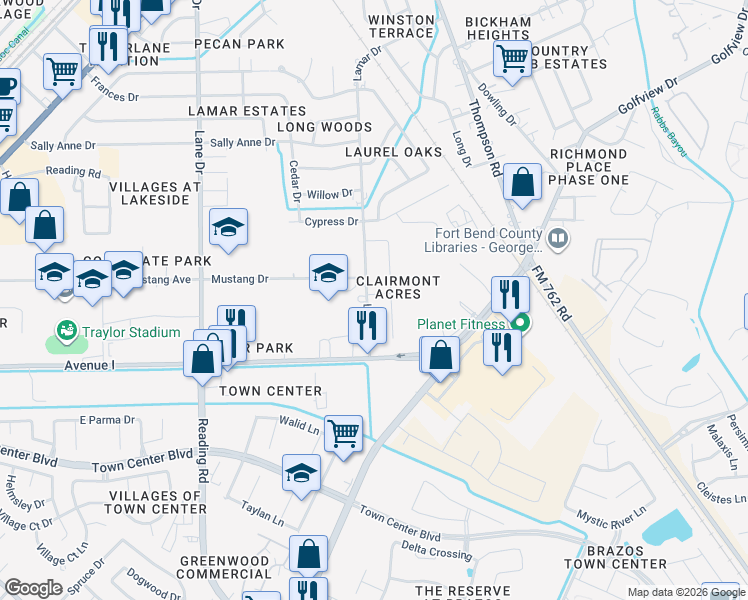 map of restaurants, bars, coffee shops, grocery stores, and more near 2101 Lamar Drive in Richmond