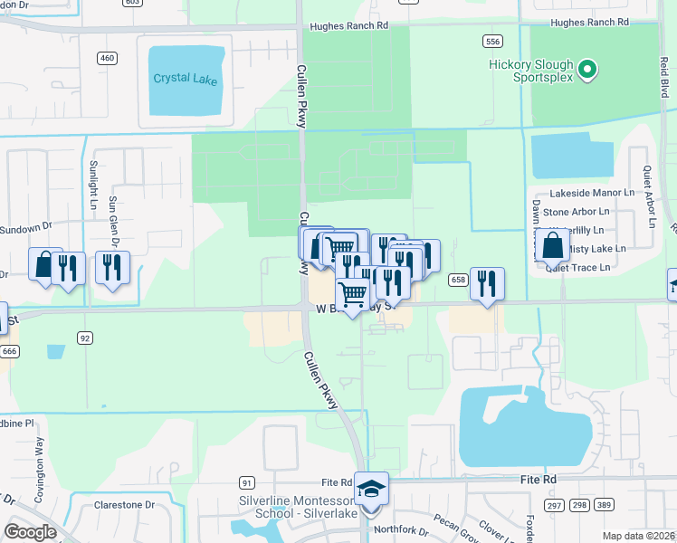 map of restaurants, bars, coffee shops, grocery stores, and more near 8323 West Broadway Street in Pearland