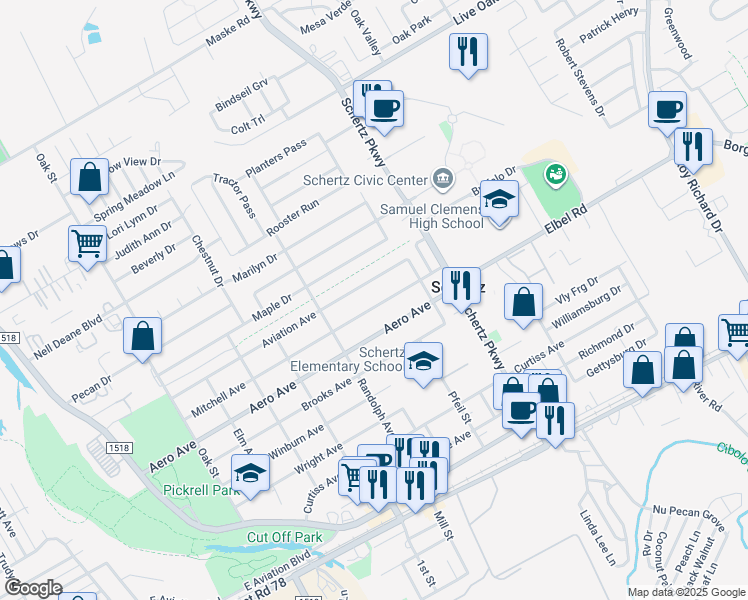 map of restaurants, bars, coffee shops, grocery stores, and more near 705 Mitchell Avenue in Schertz