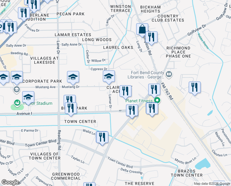 map of restaurants, bars, coffee shops, grocery stores, and more near 2101 Lamar Drive in Richmond