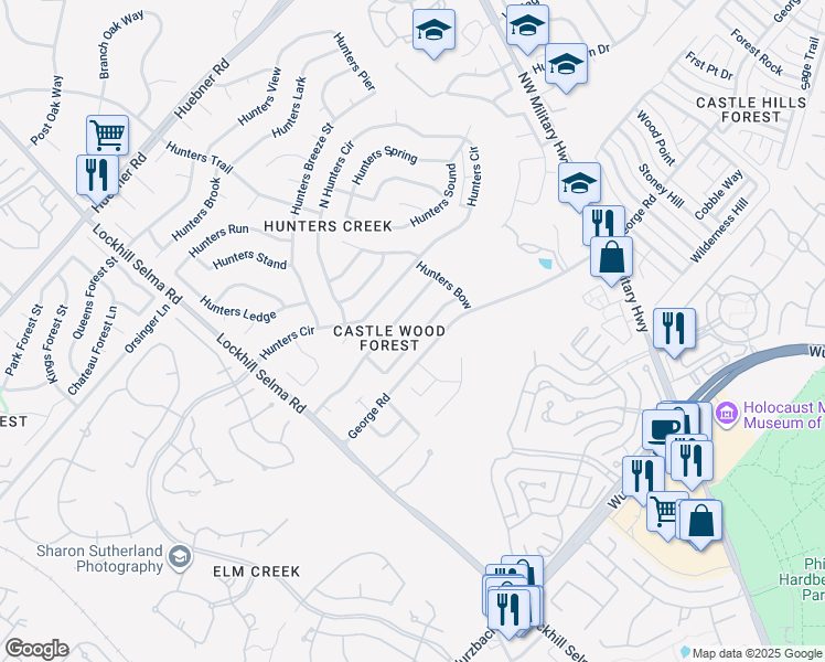 map of restaurants, bars, coffee shops, grocery stores, and more near 12827 Castle George Street in San Antonio