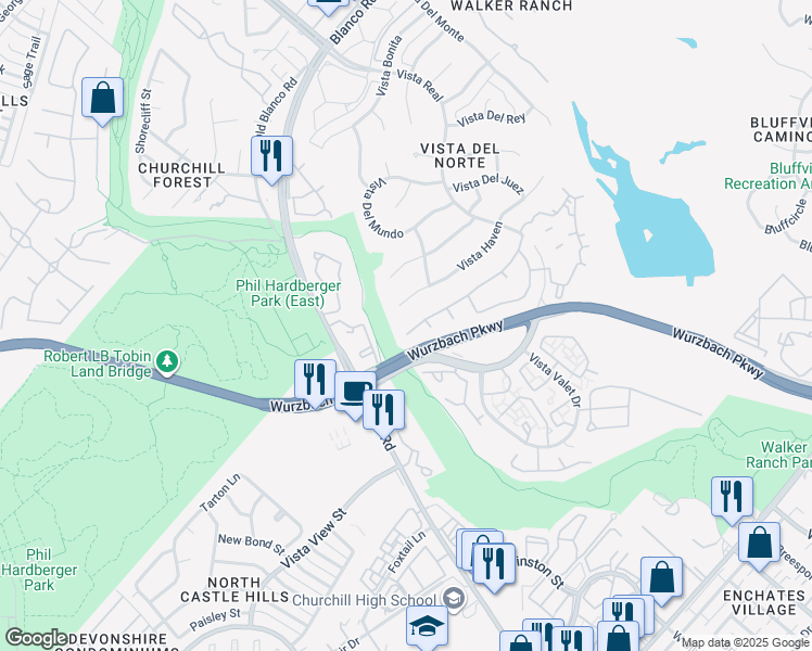 map of restaurants, bars, coffee shops, grocery stores, and more near 12707 Vidorra Vista Drive in San Antonio