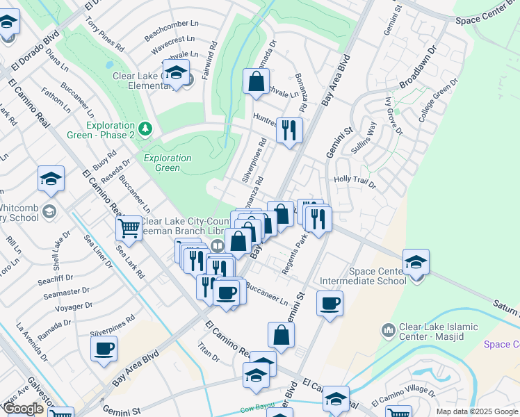 map of restaurants, bars, coffee shops, grocery stores, and more near 1243 Bay Area Boulevard in Houston