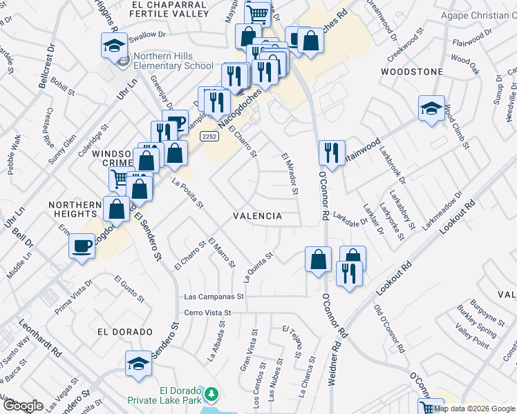 map of restaurants, bars, coffee shops, grocery stores, and more near 5115 El Capitan in San Antonio