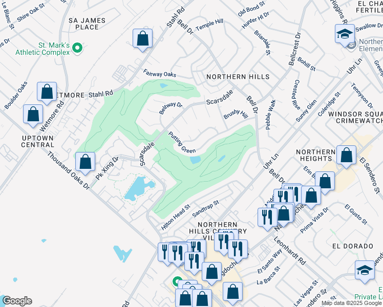 map of restaurants, bars, coffee shops, grocery stores, and more near 4266 Putting Green in San Antonio