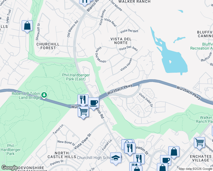 map of restaurants, bars, coffee shops, grocery stores, and more near 12707 Vidorra Vista Drive in San Antonio