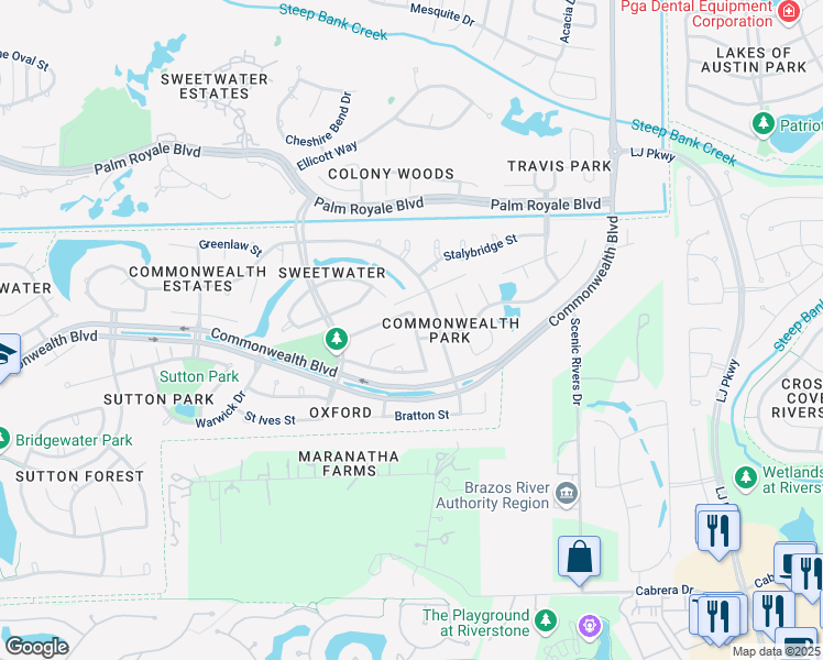 map of restaurants, bars, coffee shops, grocery stores, and more near 57 Bradford Circle in Sugar Land