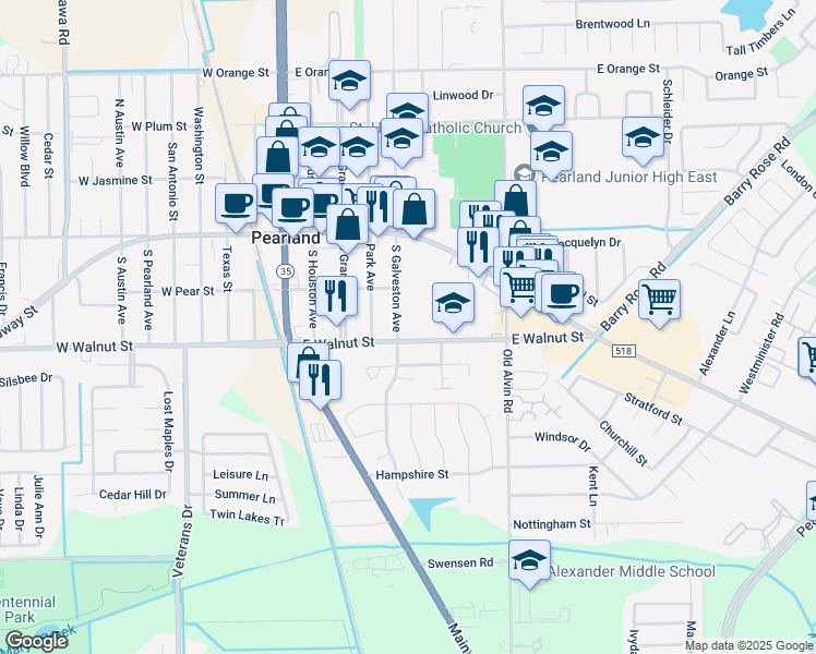 map of restaurants, bars, coffee shops, grocery stores, and more near 3519 East Walnut Street in Pearland