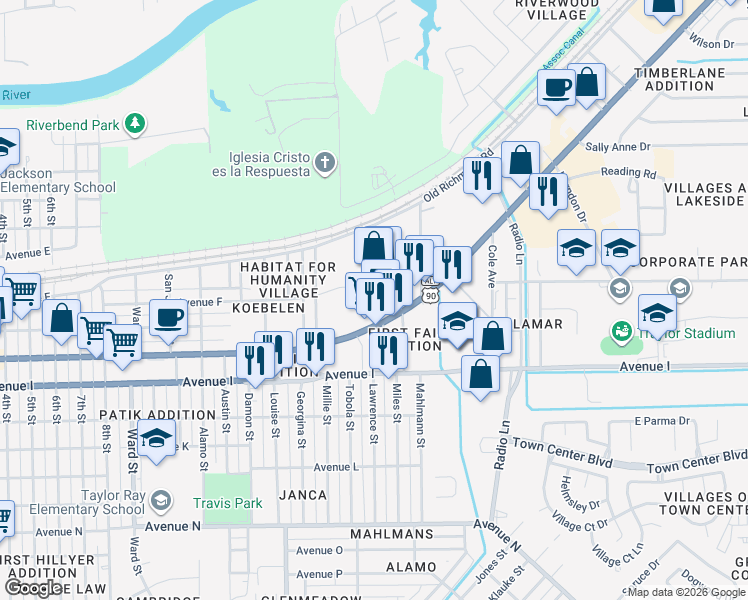 map of restaurants, bars, coffee shops, grocery stores, and more near 3629 Avenue H in Rosenberg