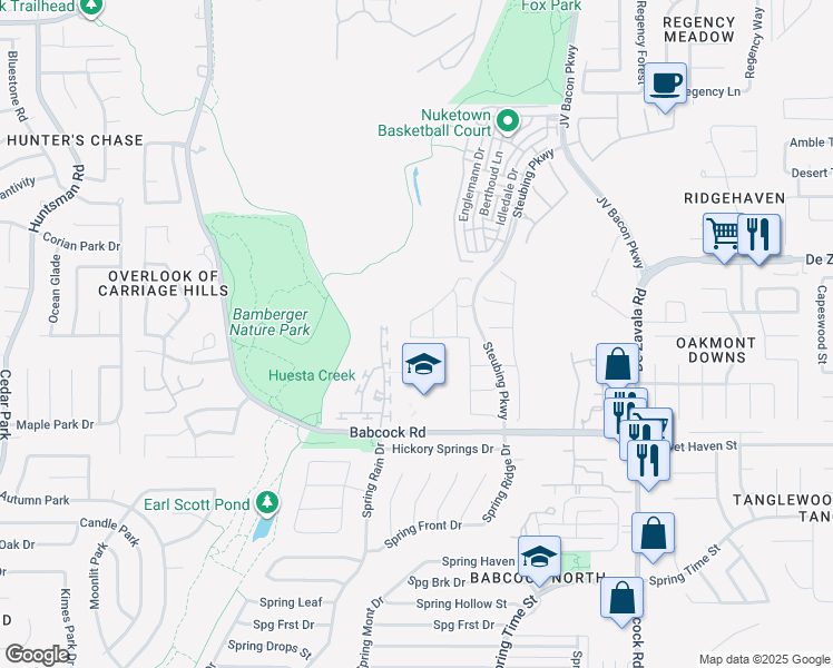 map of restaurants, bars, coffee shops, grocery stores, and more near 12506 Wesley Creek in San Antonio