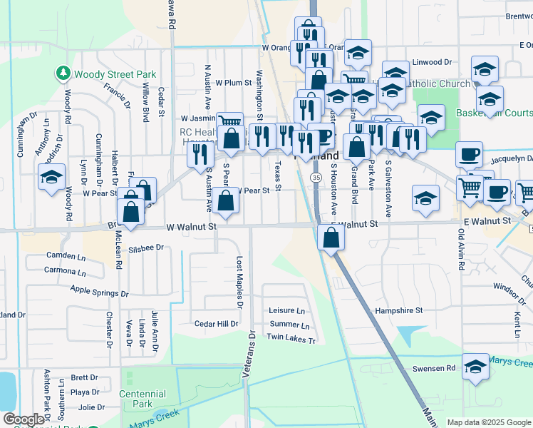 map of restaurants, bars, coffee shops, grocery stores, and more near 2533 Washington Street in Pearland