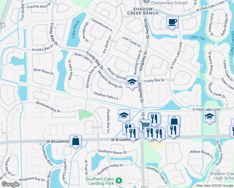 map of restaurants, bars, coffee shops, grocery stores, and more near 2707 Shallow Falls Court in Pearland