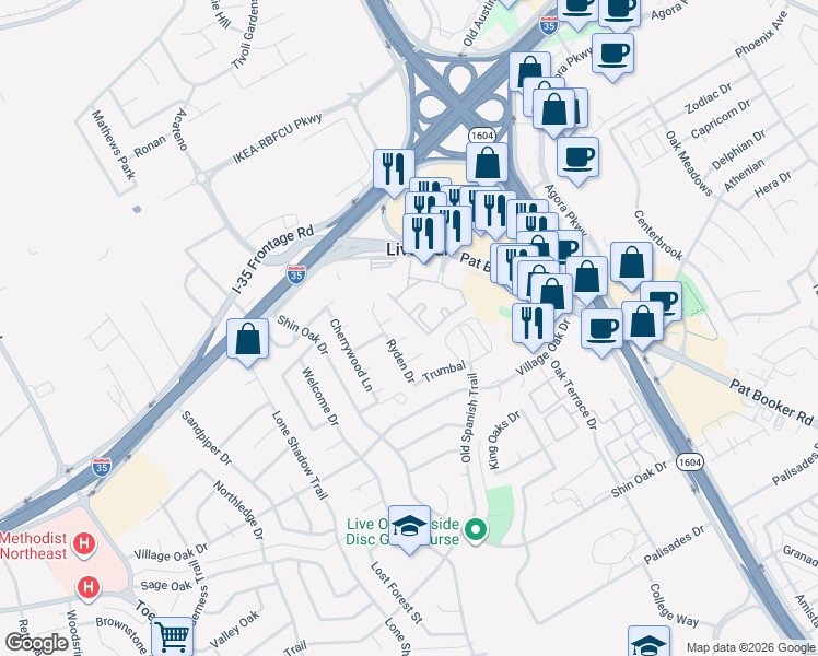 map of restaurants, bars, coffee shops, grocery stores, and more near 7705 Brunning Court in Live Oak