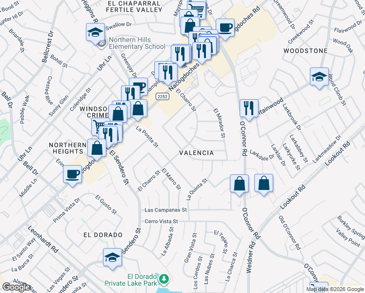 map of restaurants, bars, coffee shops, grocery stores, and more near 5043 Hacienda Drive in San Antonio
