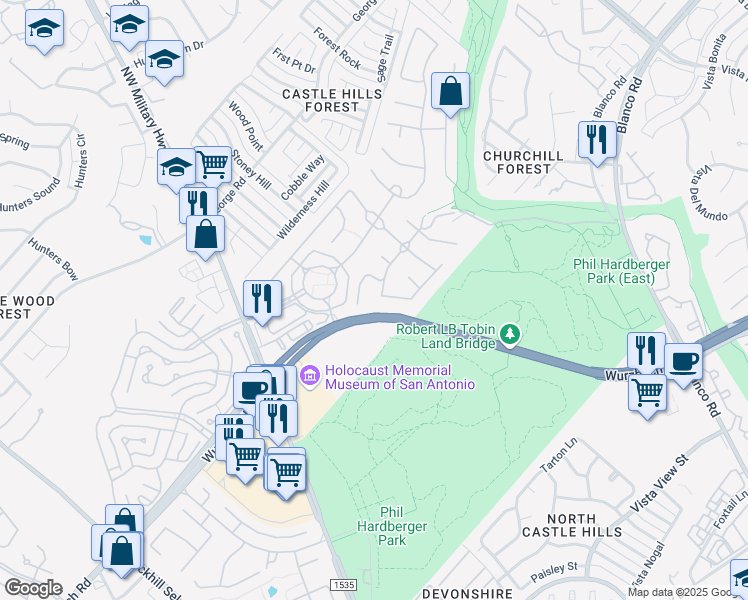 map of restaurants, bars, coffee shops, grocery stores, and more near 2443 Mill Creek Drive in San Antonio