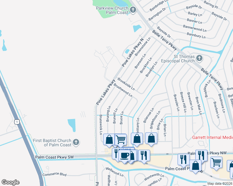 map of restaurants, bars, coffee shops, grocery stores, and more near 91 Bruning Lane in Palm Coast