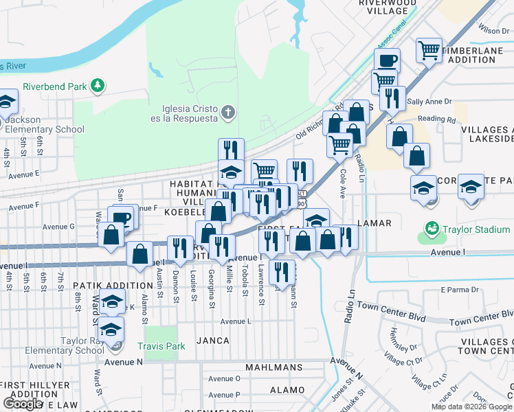 map of restaurants, bars, coffee shops, grocery stores, and more near 3629 Avenue H in Rosenberg