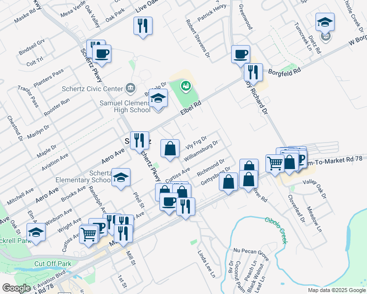 map of restaurants, bars, coffee shops, grocery stores, and more near 1013 Valley Forge Drive in Schertz