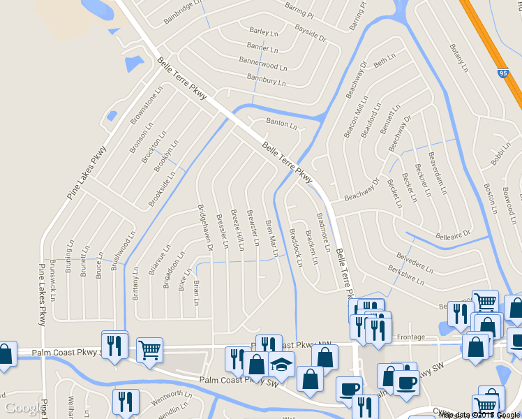 map of restaurants, bars, coffee shops, grocery stores, and more near 125 Bren Mar Lane in Palm Coast