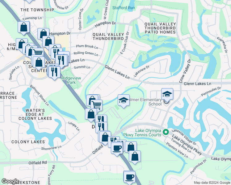 map of restaurants, bars, coffee shops, grocery stores, and more near 3823 Pleasant Valley Drive in Missouri City