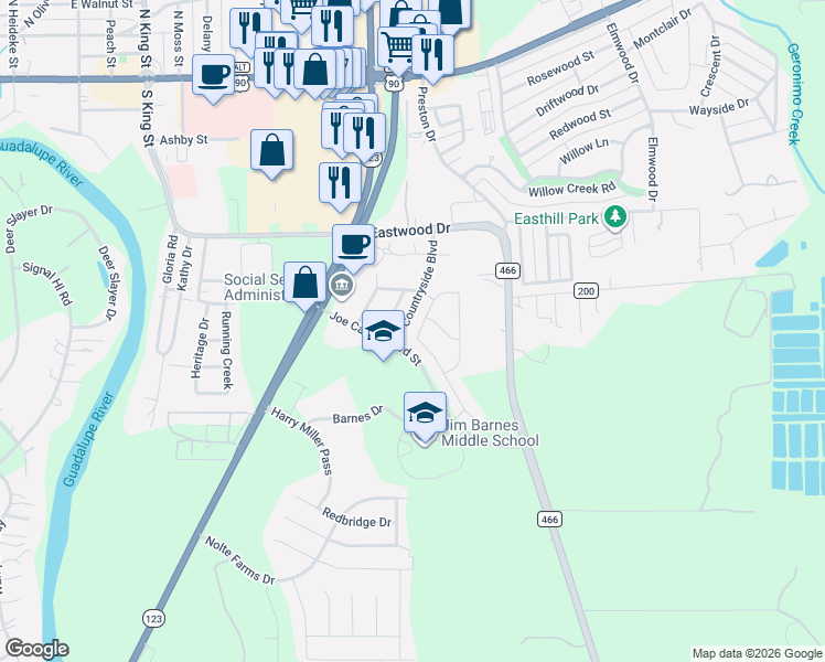 map of restaurants, bars, coffee shops, grocery stores, and more near 625 Garnet Street in Seguin