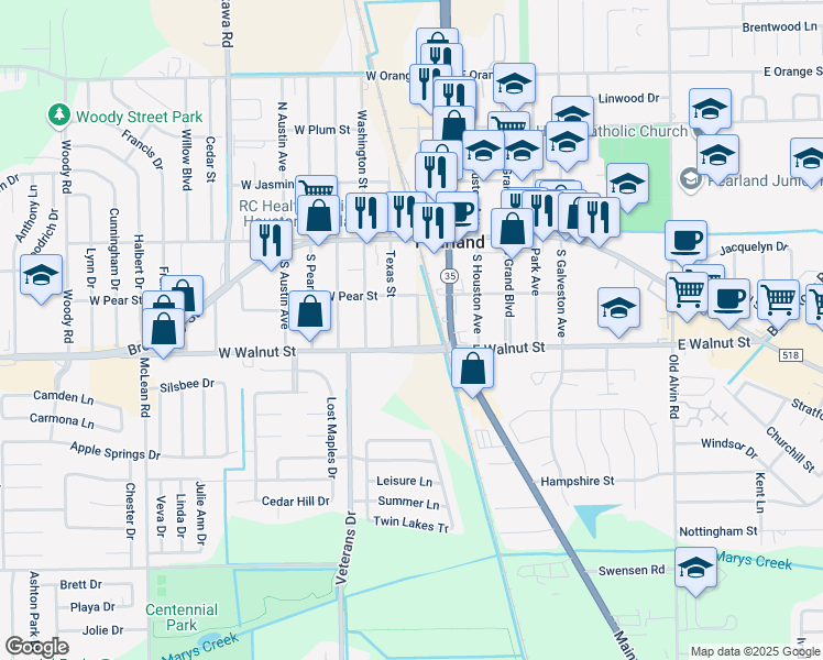 map of restaurants, bars, coffee shops, grocery stores, and more near 2534 South Sacramento Avenue in Pearland