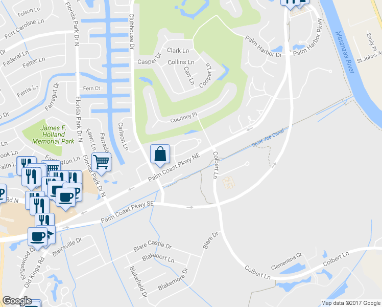 map of restaurants, bars, coffee shops, grocery stores, and more near 38 Lake Forest Place in Palm Coast