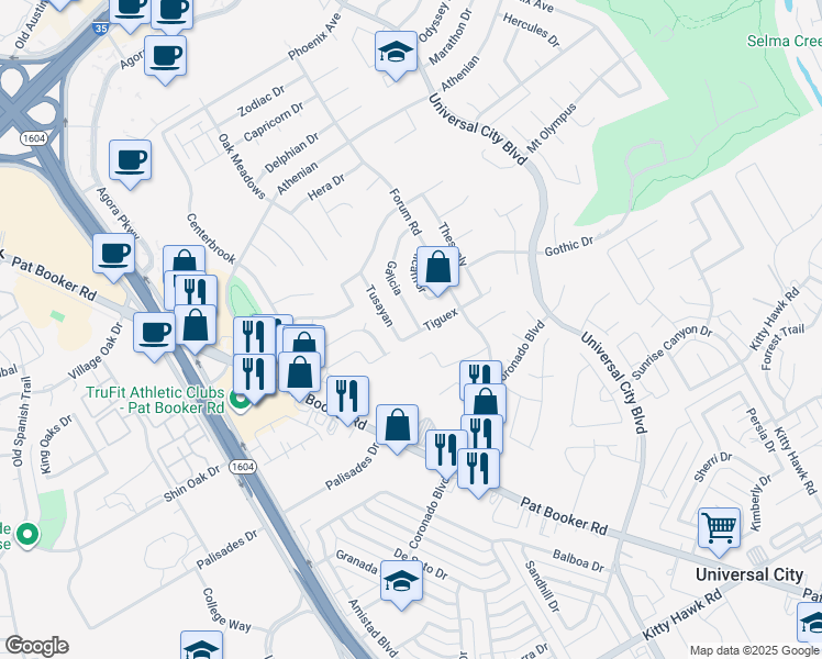 map of restaurants, bars, coffee shops, grocery stores, and more near 13303 Galicia in Universal City