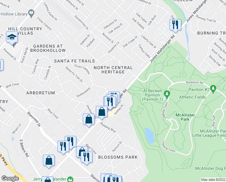 map of restaurants, bars, coffee shops, grocery stores, and more near 1807 Clifftop in San Antonio
