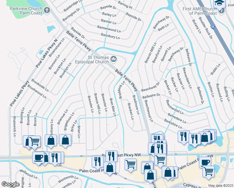 map of restaurants, bars, coffee shops, grocery stores, and more near 93 Braddock Lane in Palm Coast