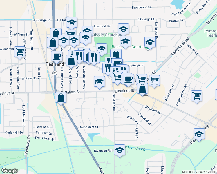 map of restaurants, bars, coffee shops, grocery stores, and more near 3421 East Walnut Street in Pearland