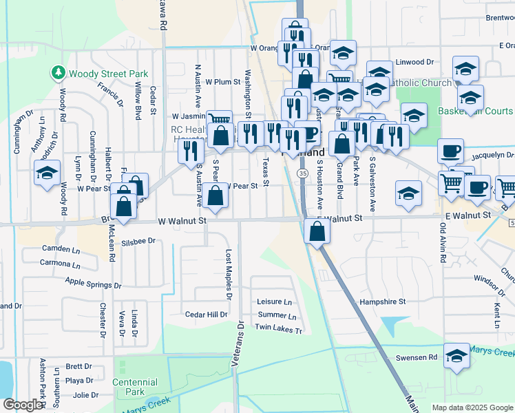 map of restaurants, bars, coffee shops, grocery stores, and more near 2533 Washington Street in Pearland
