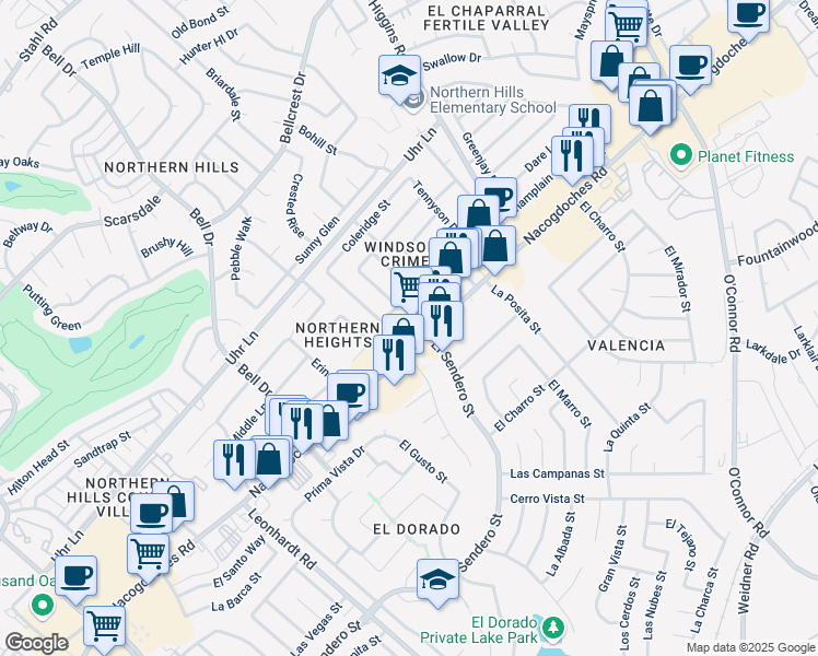 map of restaurants, bars, coffee shops, grocery stores, and more near 13117 Nacogdoches Road in San Antonio
