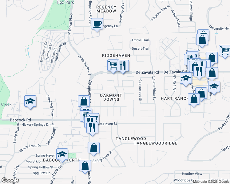 map of restaurants, bars, coffee shops, grocery stores, and more near 6311 Stable Farm in San Antonio