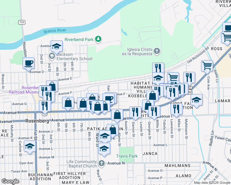map of restaurants, bars, coffee shops, grocery stores, and more near 2725 Avenue F in Rosenberg