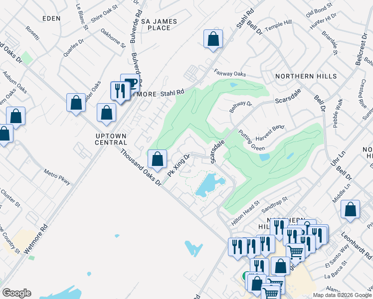 map of restaurants, bars, coffee shops, grocery stores, and more near 13031 Park Crossing in San Antonio