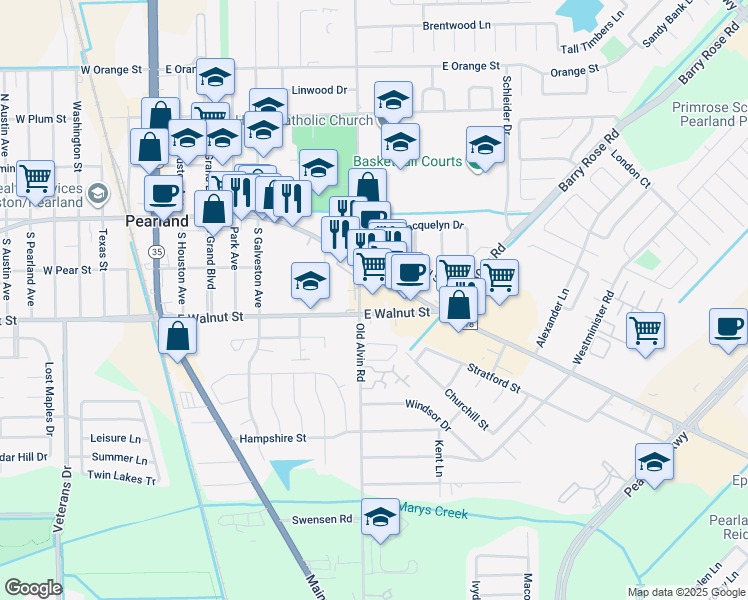 map of restaurants, bars, coffee shops, grocery stores, and more near 3412 Broadway Street in Pearland