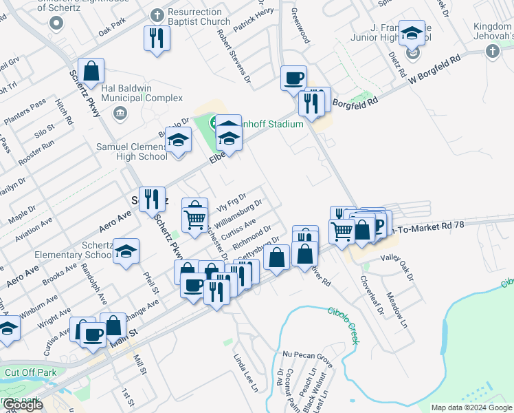 map of restaurants, bars, coffee shops, grocery stores, and more near 1060 Williamsburg Drive in Schertz