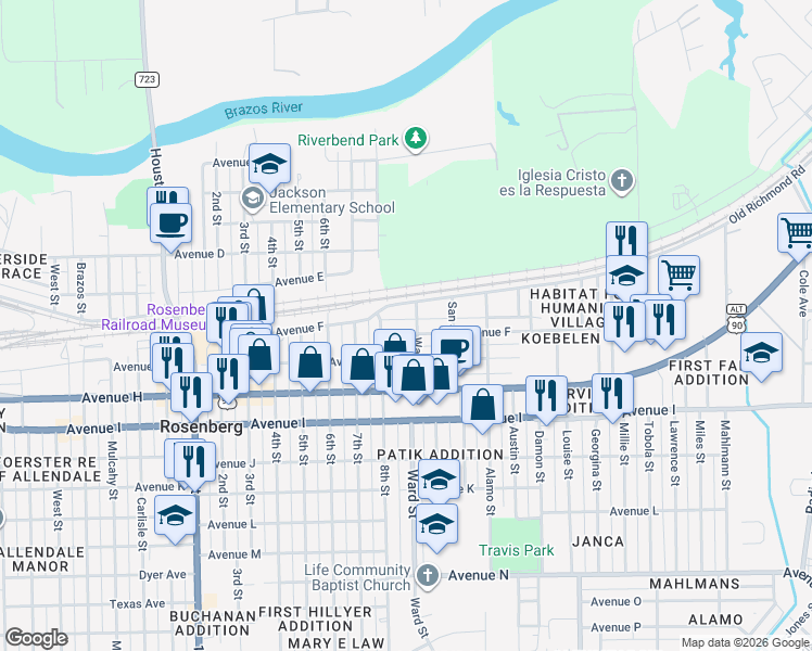 map of restaurants, bars, coffee shops, grocery stores, and more near 2523 Avenue F in Rosenberg