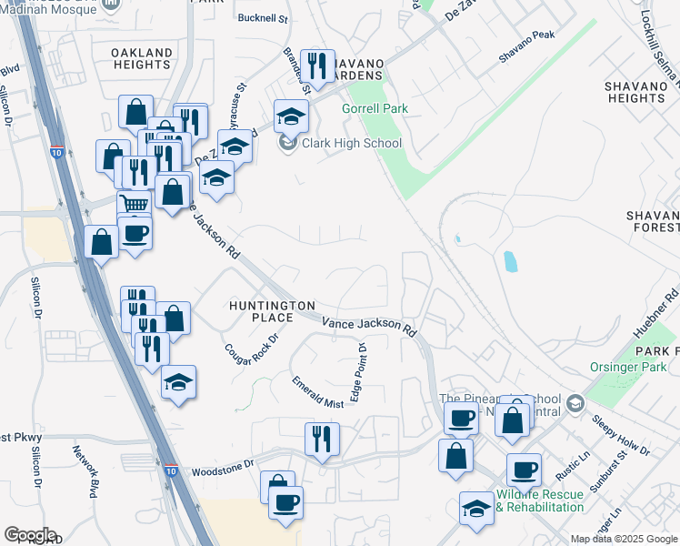 map of restaurants, bars, coffee shops, grocery stores, and more near 14210 Cougar Creek in San Antonio