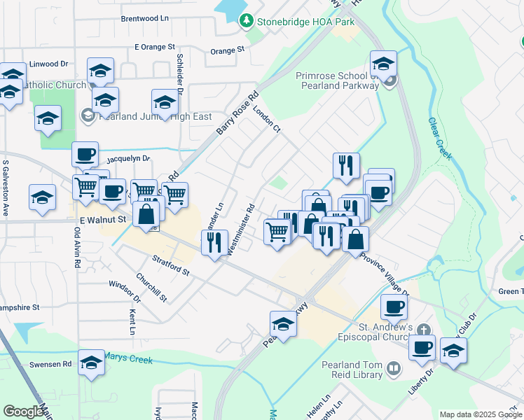 map of restaurants, bars, coffee shops, grocery stores, and more near 2401 Westminister Road in Pearland