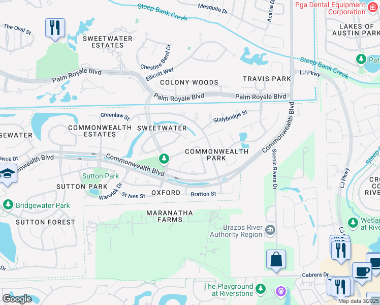 map of restaurants, bars, coffee shops, grocery stores, and more near 57 Bradford Circle in Sugar Land