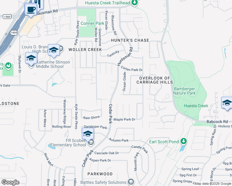 map of restaurants, bars, coffee shops, grocery stores, and more near 12910 Huntsman Road in San Antonio